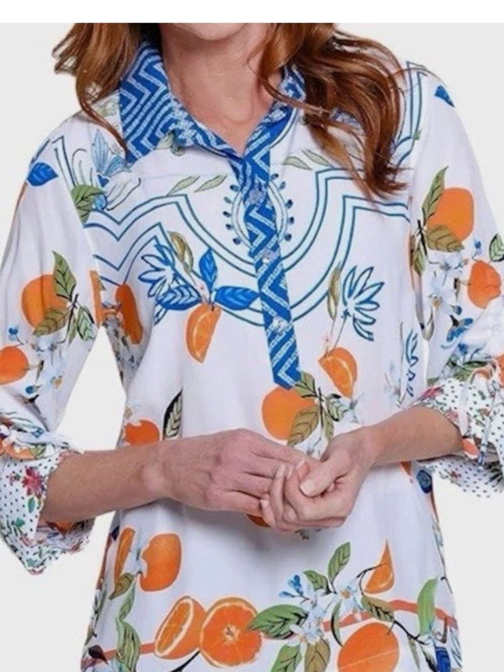 John Mark White Tunic with Blue Trim and Orange Motif NWT Size PXL